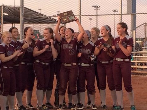 The Hays High softball team triumphantly cheers while holding their state plague. 