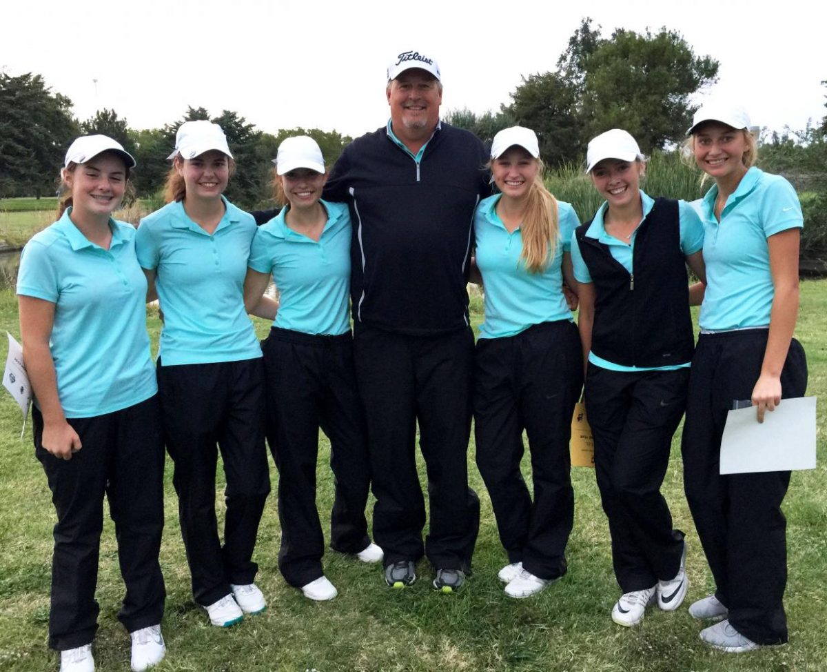 The+Lady+Indian+golf+team+won+the+WAC+title+in+the+Great+Bend+Invitational+on+Oct.+3.+Pictured+left+to+right%3A+freshman+Sophia+Garrison%2C+junior+Emily+McGuire%2C+junior+Molly+Eikenberry%2C+Coach+Mark+Watts%2C+junior+Brittani+Park%2C+senior+Karee+Dinkel%2C+junior+Emily+George