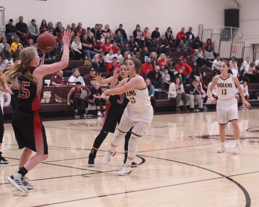 Sophmore+Brooke+Denning+goes+up+for+a+lay+up+in+a+recent+game+against+the+Liberal+Redskins.+The+Indians+would+go+on+to+beat+the+Redskins+48-41.