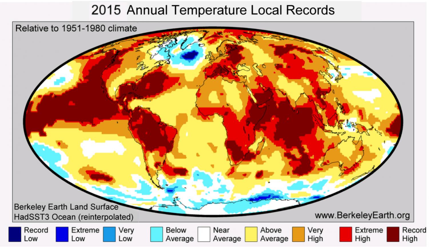 2015 annual temperatures show that in many locations there were record high temperatures. There were also record lows in a few locations.
