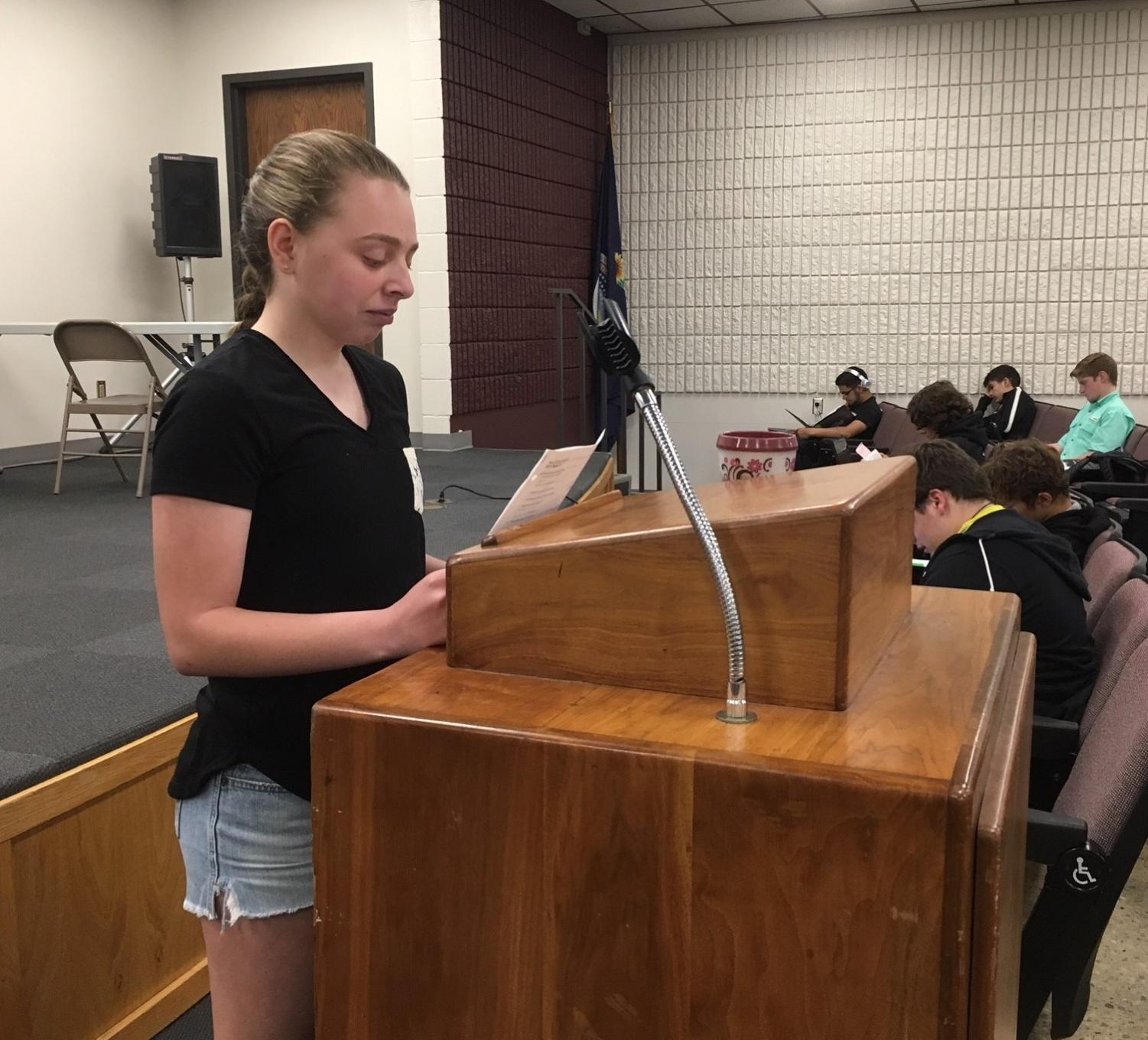 Freshman Anna Brull discusses why she wants to be a StuCo officer at the May 1 StuCo meeting. Eliana Buller, Allison Shubert, Ginny Ke, Kassidy Winter and Alicia Feyerherm also tried out for the sophomore officer positions. Kassidy Winter was elected as sophomore class president and Alicia Feyerherm was elected as sophomore class vice-president.
